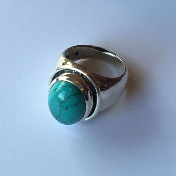 Sterling Silver Ring Size 7.75 11g 925 Turquoise Color Howlite Cabochon Chunky - Picture 13 of 13